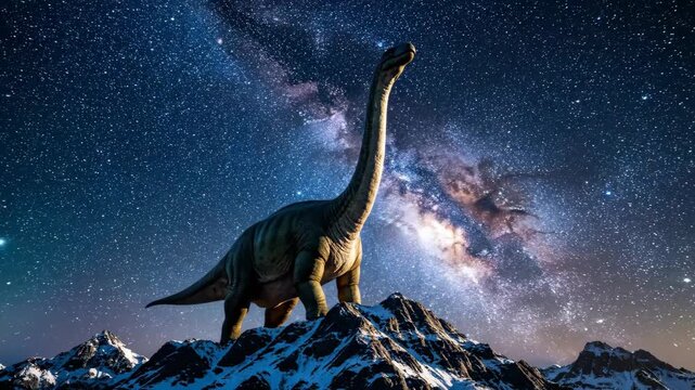 Brachiosaurus atop a snow-capped mountain peak gazes at the vibrant milky way arcing across a deep blue night sky, blending prehistoric scale with cosmic wonder