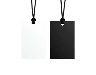 Two blank rectangular tags, one white and one black, suspended by cords against a dark background