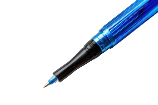 Blue writing pen close up detail on black background macro shot office supplies stationary school