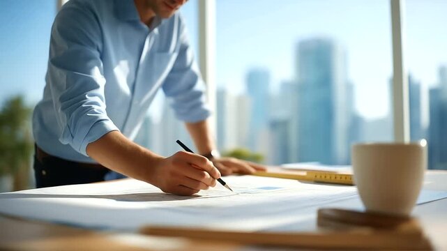 An architect reviews a blueprint for a skyscraper on a drafting table with rulers measuring pencils marking a city skyline visible through a window and a coffee mug steaming