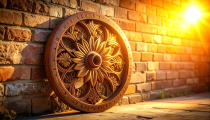 Elegant yoga wheel with carved floral designs in warm wood tones, leaning against a textured brick wall, illuminated by golden sunset, shot in sharp focus as if by HD camera. 32k, full ultra hd, high 