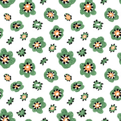 Seamless pattern with abstract flowers. Green petals with black details. Decorative botanical design. Hand drawn illustration.