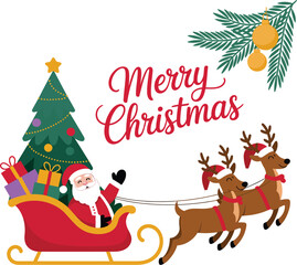 Fototapeta premium Santa Claus flying in his sleigh pulled by reindeer, delivering gifts with a festive Christmas tree.