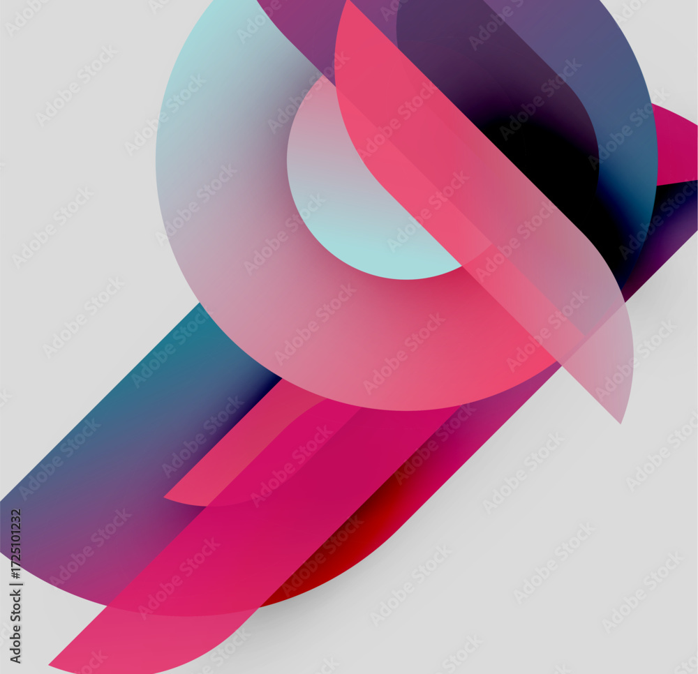 Poster abstract composition featuring overlapping translucent shapes. pink, blue, purple hues create dynami