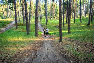 Two young men on a sunlit dirt path in a pine forest, engrossed in smartphones. Blending nature and...