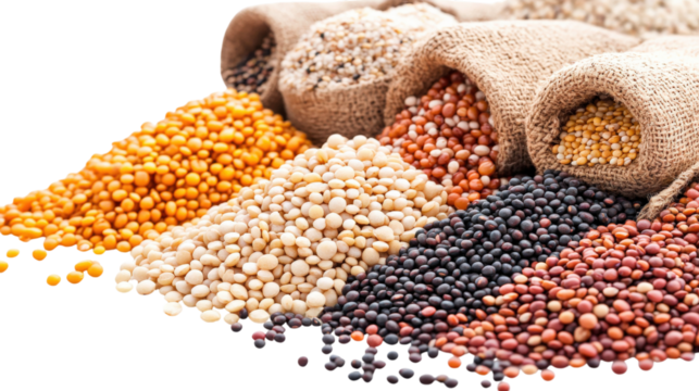 Assorted Grains and Pulses in Sacks isolated on a transparent background