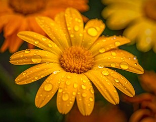 Close Up of a Vibrant Orange Flower with Dew Drops.