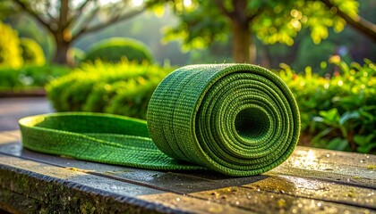 Lush green yoga strap with delicate woven textures, coiled neatly on a stone bench in a tranquil garden, morning dew visible, shot in lifelike clarity resembling an HD camera image. 32k, full ultra hd
