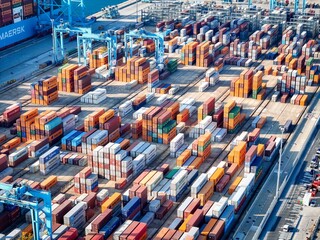 Vado Gateway, Italy - 21 September 2025: Aerial view of a vast, colorful grid of stacked shipping containers dominates the port, contrasting with the azure sea and the Maersk ship.