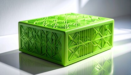 Vibrant yoga block with abstract geometric etchings in neon greens, set against a minimalist white wall, reflecting subtle shadows, photographed realistically as if by HD camera. 32k, full ultra hd, h