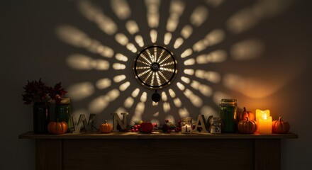 Cozy autumn decor featuring a dartboard casting unique shadows on the wall, surrounded by pumpkins, candles, and seasonal decorations on a wooden mantel