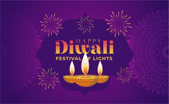 Elegant Happy Diwali festival of lights poster background with decorative golden diya, mandala ornaments, and sparkling fireworks. Best for Diwali 2025 designs