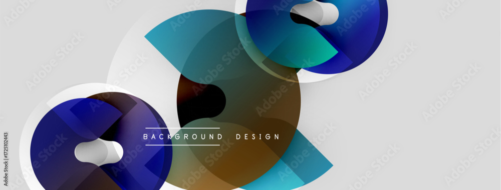 Poster abstract shapes overlap, creating dynamic composition. blue, brown, beige hues dominate neutral back
