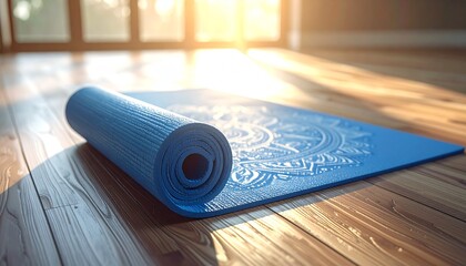 A serene yoga mat with intricate mandala patterns in soft blues, placed on a polished wooden floor, bathed in dawn light, captured in crisp detail like an HD camera shot. 32k, full ultra hd, high reso