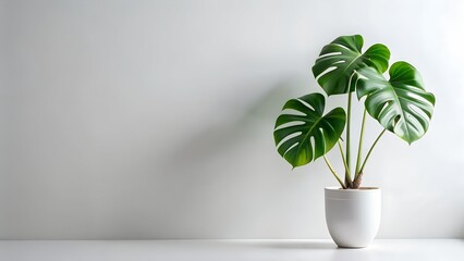 Monstera Plant in White Pot Against White Wall Minimalist Home Decor
