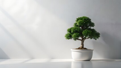 Small Bonsai Tree in White Pot Against White Wall with Sunlight