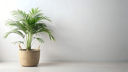 Fototapeta premium Areca Palm in Woven Basket Against White Wall Minimalist Interior Design