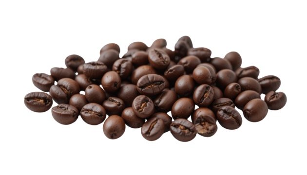 A top-down view of approximately 10-15 realistic roasted coffee beans, casually scattered and showing varied textures and colors, isolated on a transparent background.