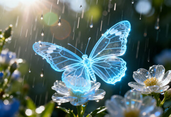 Translucent blue butterfly perches on flower in sunlit rain.