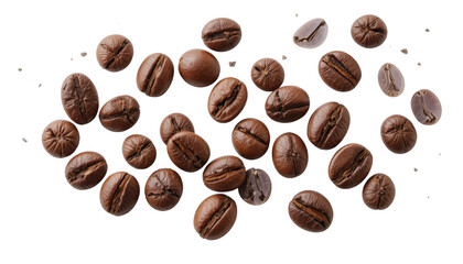 Obraz premium A top-down view of approximately 10-15 realistic roasted coffee beans, casually scattered and showing varied textures and colors, isolated on a transparent background.