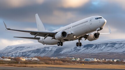 Obraz premium A commercial aircraft approaches the runway against a backdrop of stunning mountains and a clear sky in the afternoon light