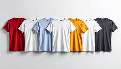 Row of six solid-color t-shirts on wooden hangers against white background, showcasing casual fashion variety.