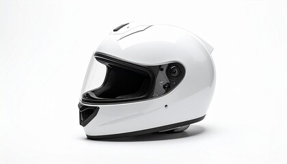 White full-face motorcycle helmet with clear visor, black trim, and top-front ventilation, viewed from the left side.