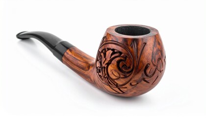 Artisanal tobacco pipe with carved wooden bowl and curved black stem, featuring swirling and floral motifs on white background.
