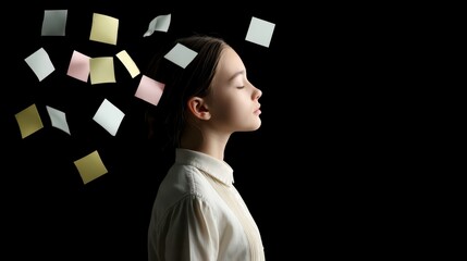 Contemplation Amidst Ideas: A serene young person stands with eyes closed, surrounded by floating notes, symbolizing a moment of reflection and deep thought.