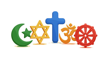 Religious symbols set diversity tolerance faith belief spirituality religion icons 3D illustration 