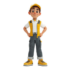 Animated character embodies a cheerful builder poised with confidence in a transparent setting