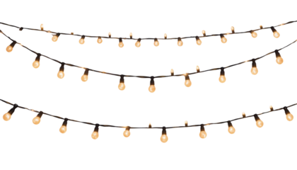Multiple strands of illuminated decorative globe string lights, with their individual bulbs casting a soft, golden glow, presented as isolated elements on a clean white backdrop.
