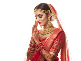 Portrait of a serene Indian bride in traditional attire with hands clasped in prayer isolated on