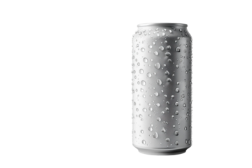 Silver Beverage Can with Water Droplets Isolated on Black Refreshment Cold Drink Soda Pop Product