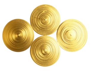 Four gold circular discs, radiating concentric patterns, arranged in a cross shape