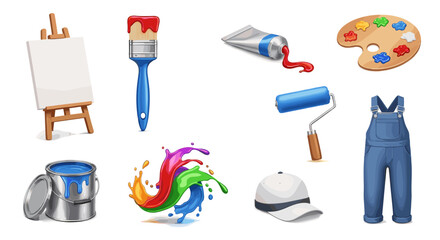 Painting tools and equipment, including easel, brushes, paint tubes, palette