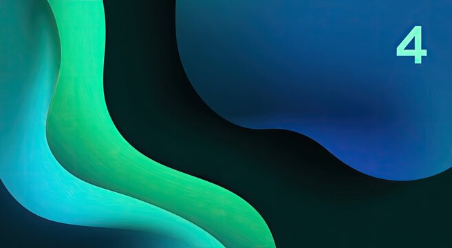 Abstract fluid shapes in teal and teal-green on dark background.  Number 4 in light green - Powered by Adobe