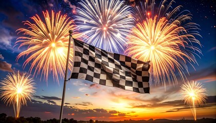 Checkered racing flag waving with fireworks and sunset sky in background, symbolizing victory, finale, and celebratory momentum.