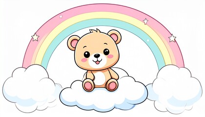 くまと虹のイラスト、雲に座るテディベア、パステルカラーの空、可愛いキャラクターイラスト、キッズ向けデザイン素材、赤ちゃん向けイラスト、手描き風デジタルアート、メルヘンな雲と星、絵本のようなイラスト、ベビーグッズ用デザイン、夢のような空背景、パステル調のくま、カートゥーン風キャラクター、ファンシーな動物イラスト、ホワイト背景のベア
