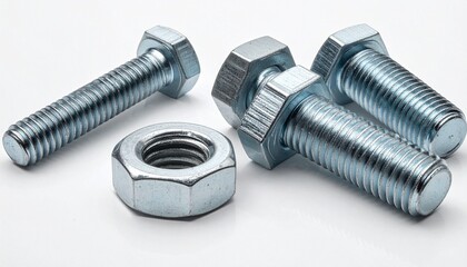 Steel bolts and hex nuts with washer on white surface, showcasing mechanical fasteners and industrial precision.