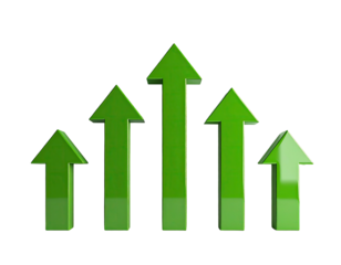 Five glossy green upward-pointing arrows on a black background, implying growth or progress