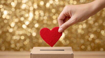 Hand placing red heart symbol into donation box with golden bokeh background representing love and charity
