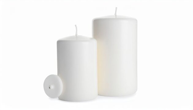 Five lit white candles of varying heights with green leaves on white background, evoking calm and natural serenity.