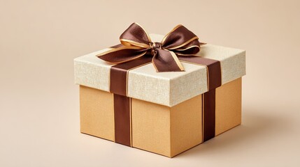 Obraz premium Elegant gift box with brown ribbon and golden bow on beige background for celebration and festive occasions