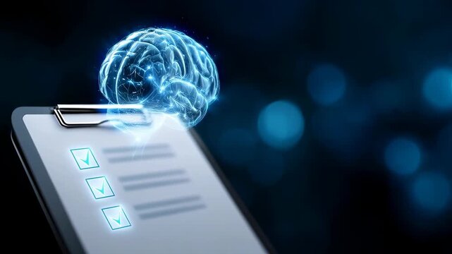 Futuristic digital brain hologram over medical checklist, healthcare innovation in diagnostics and neuroscience technology for cognitive assessment and mental health - Powered by Adobe