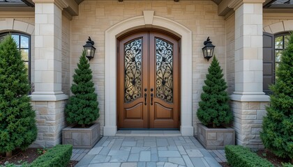 Fototapeta premium Elegant wooden double doors with ornate metalwork grace a stone facade entrance way.