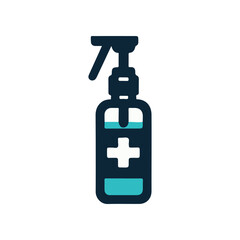 A blue and black spray bottle with a medical cross, symbolizing health and cleanliness