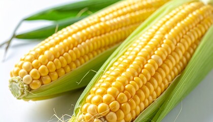 Three ears of fresh yellow corn with green husks peeled back, revealing glossy kernels in tight rows on white background.