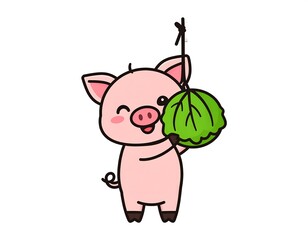 Cute Pink Pig Holding a Cabbage.