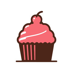 A delicious pink frosted cupcake topped with a cherry, set against a simple white background